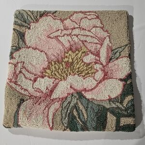 Peony Hooked Punch Needle Wool/ Cotton Blend Square Accent Pillow Case Cover